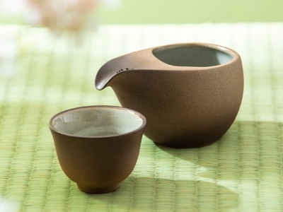 備前焼 煎茶器セット 宝瓶 小西陶古 茶盆・木製茶托付き