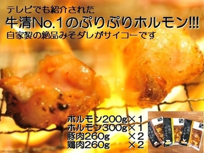 1512　自家製 みそダレ Iセット　　牛ホルモン 200g 300ｇ×各１ 豚肉 ×２ 鶏肉 ×２/ 黒毛和牛ホルモン 牛清 バーベキュー キャンプ 牛肉 ぶた肉 とり肉 特製 味噌漬 味付 伊勢志摩