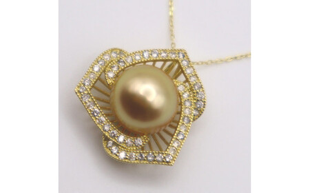 1690　K18 南洋ナチュラルゴールデン真珠　11.0㎜up　ダイヤモンド0.54ct　ペンダントネックレス