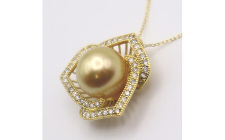 1690　K18 南洋ナチュラルゴールデン真珠　11.0㎜up　ダイヤモンド0.54ct　ペンダントネックレス