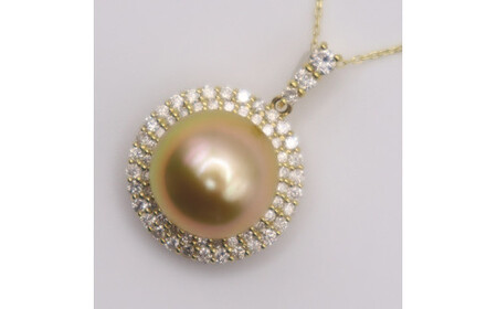 1691　K18 南洋ナチュラルゴールデン真珠　12.0㎜up　ダイヤモンド0.82ct　ペンダントネックレス