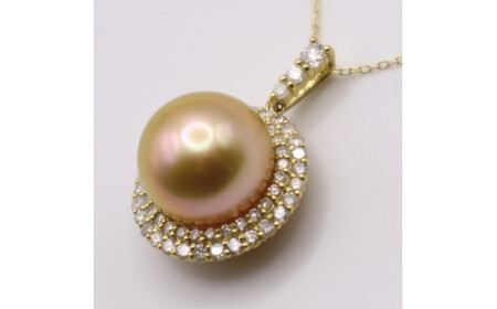 1691　K18 南洋ナチュラルゴールデン真珠　12.0㎜up　ダイヤモンド0.82ct　ペンダントネックレス