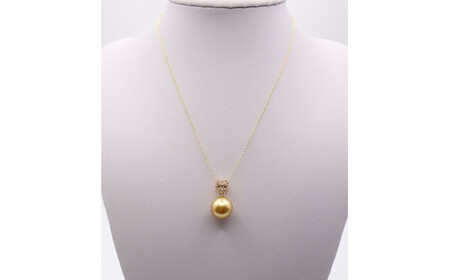 1692 【真珠科学研究所オーロラ茶金鑑別書付】K18 南洋ナチュラルゴールデン真珠11.0㎜up ダイヤモンド0.23ct ペンダントネックレス