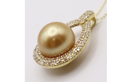 1694 K18 南洋ナチュラルゴールデン真珠 11.0㎜up ダイヤモンド0.65ct ペンダントネックレス