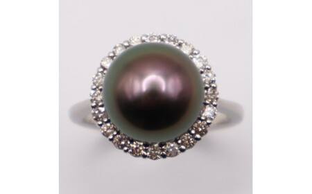 1704　【真珠総合研究所Black　Lip花珠鑑別付】Pt900 タヒチ黒蝶真珠10.0㎜up　ダイヤモンド0.40ctリング