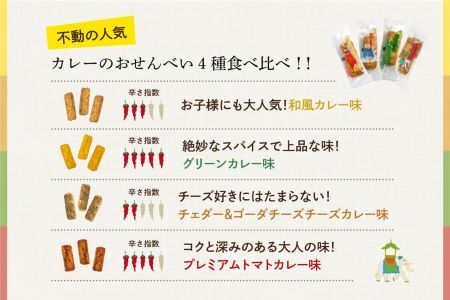 美鹿山荘　【定期便】 スパイシーなカレーのおせんべい ４種のカレー食べ比べ アソートセット １００ｇ×２箱 を３か月連続　c#01