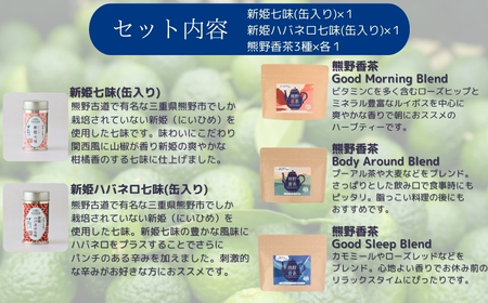 熊野香茶＆七味セット（ハーブティー3種、新姫七味、ハバネロ七味）【kmys0009】