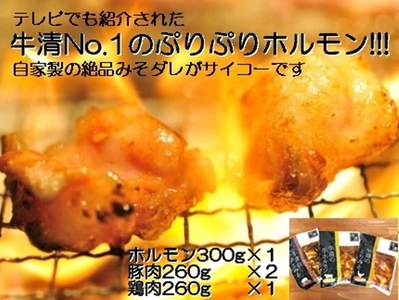 【013-06】自家製 みそダレ Eセット 牛 ホルモン 300ｇ×１ 豚肉 ×２ 鶏肉 ×１/ 黒毛和牛ホルモン 牛清 バーベキュー BBQ キャンプ 牛肉 ぶた肉 とり肉 特製 味噌漬 味付 伊勢志摩 三重 志摩