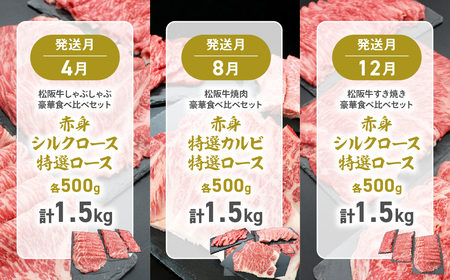 松阪牛 定期便 年3回 計4.5㎏ (1.5kg×3回) 松阪牛豪華食べ比べセット すき焼き 焼肉 しゃぶしゃぶ 国産松坂牛 牛肉 肉 SS-110