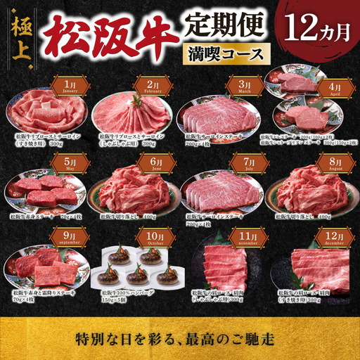 極上松阪牛 満喫コース (定期便 12か月) 全12回 牛追道中 US34【M1706】