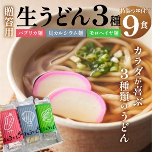  贈答用オリジナル箱入り 3種の生うどん(3食入り×3箱)[ギフト うどん 贈答用 プレゼント 箱入り オリジナル箱 生うどん カルシウム モロヘイヤ パプリカ 170g 3種 3食 計 9食 栄養 ビタミン つるつる 麺 ざるうどん 鍋焼きうどん 季節 美味しい 三重県 玉城町 さんておーる食堂]