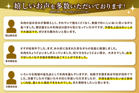 松阪肉すき焼き「お城」450g[松阪牛 お城 ウデ モモ バラ BBQ すき焼き 450g 贈答 ギフト 厳選 霜降り 香り 甘み 舌触り 深み なめらか 三重県 玉城町 冷蔵 朝日屋]