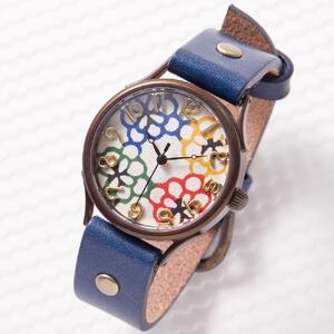 伝統工芸文様【花4色】和染千代紙で作る文字盤が可愛いハンドメイドウォッチ ベルトカラー：茄子紺 WJ004L 花4色-茄子紺 腕時計