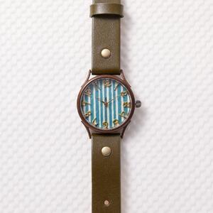 伝統工芸文様【縞緑】和染千代紙で作る文字盤が可愛いハンドメイドウォッチ ベルトカラー：オリーブ WJ004L 縞緑-オリ－ブ 腕時計