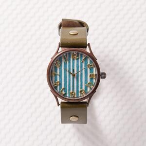 伝統工芸文様【縞緑】和染千代紙で作る文字盤が可愛いハンドメイドウォッチ ベルトカラー：オリーブ WJ004L 縞緑-オリ－ブ 腕時計