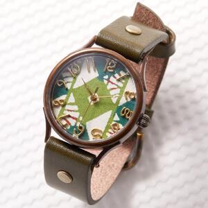 伝統工芸文様【菱緑】和染千代紙で作る文字盤が可愛いハンドメイドウォッチ ベルトカラー：オリーブ WJ004L 菱緑-オリーブ 腕時計