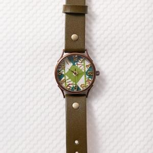 伝統工芸文様【菱緑】和染千代紙で作る文字盤が可愛いハンドメイドウォッチ ベルトカラー：オリーブ WJ004L 菱緑-オリーブ 腕時計