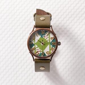 伝統工芸文様【菱緑】和染千代紙で作る文字盤が可愛いハンドメイドウォッチ ベルトカラー：オリーブ WJ004L 菱緑-オリーブ 腕時計
