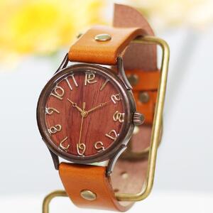 ナチュラルウッド【ブビンカ】で作る文字盤が美しいハンドメイドウォッチ LサイズW2 ベルトカラー：蜜柑 WB045L W2-蜜柑 腕時計