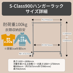ハンガーラック 組立不要 頑丈 キャスター付 耐荷重100kg 丈夫 パイプハンガー 洋服掛け 衣類掛け 衣類収納 収納 洋服ラック ラック 日本製 タフグランハンガーラック S-Class900