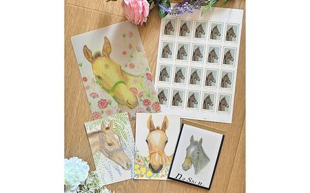 馬のまち栗東　馬と花のステーショナリーセットB / 切手 ポストカード メモ帳 クリアファイル 雑貨 / 栗東市 / nashira (nashira picture of horse)[BIBN002]