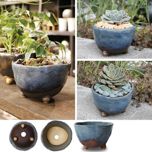 信楽焼 足付き 植木鉢3色セット（湖水/新緑/黒砂）