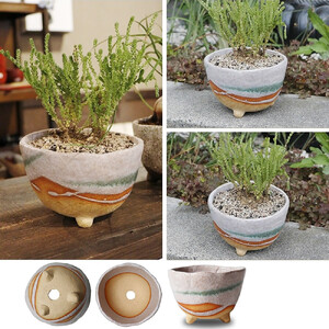 信楽焼 足付き 植木鉢3色セット（湖水/新緑/黒砂）