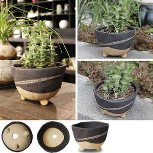 信楽焼 足付き 植木鉢3色セット（湖水/新緑/黒砂）