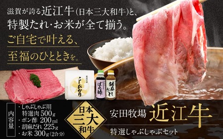 特選しゃぶしゃぶセット（しゃぶしゃぶ用特選肉、ポン酢、ごまだれ、お米） 安田牧場 滋賀県 東近江市 D-B11 しゃぶしゃぶ しゃぶしゃぶセット ポン酢 ごまだれ 米 近江牛 安田牧場 特選 ブランド牛 滋賀県産 和牛 牛肉 霜降り お取り寄せ 贈答品 ギフト 最高級肉