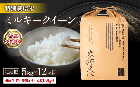 令和6年産 新米 12ヵ月 定期便 ミルキークイーン 5kg (金賞受賞農家 おすすめ米1.8kg付 米 定期便 12回 2024年産 ブランド 米 精米 白米 内祝い 十六代目米師又八 謹製 もちもち 送料無料 日本 竜王町 ふるさと納税)  精米