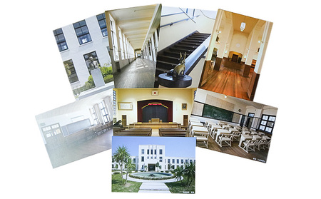 アニメ「けいおん！」キーホルダー5種類と旧豊郷小ポストカードセット 豊郷町限定 雑貨 日用品 写真 キャラクター ステンレス製 レーザー加工 デザイン レトロ 