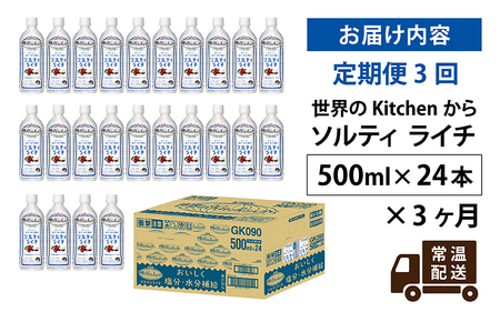 【定期便】【毎月3回】キリン 世界のKitchenから ソルティライチ 500ml ペットボトル × 24本 × 3ヶ月