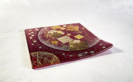 【金彩工芸山田】金彩友禅ガラスの器 和菓子皿 双子月(赤黒)