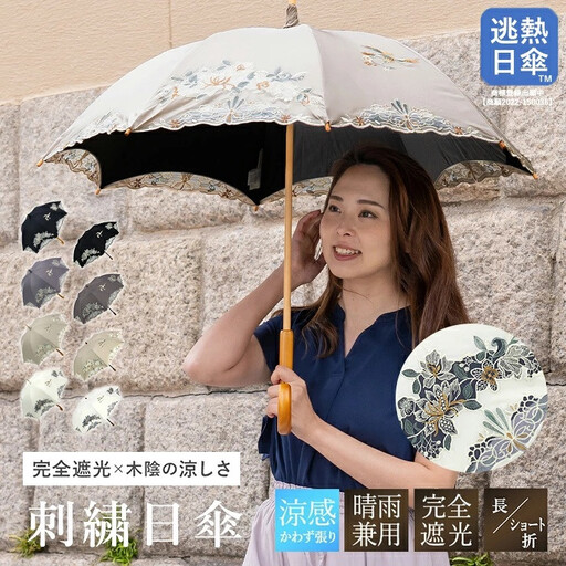 【シノワズリーモダン京都】花鳥オーガンジーカットワーク刺繍かわず張り長日傘 ホワイト ｜日傘ブランド おしゃれ 人気