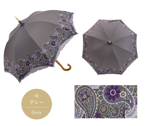 【シノワズリーモダン京都】女優日傘プレミアム ペイズリー更紗オーガンジー刺繍かわず張り長日傘 グレー
