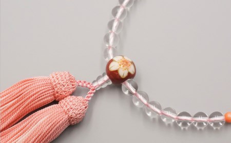 【神戸珠数店】〈京念珠〉女性用数珠3点セット 清水焼 水晶/珊瑚【数珠袋/ふくさ付き】
