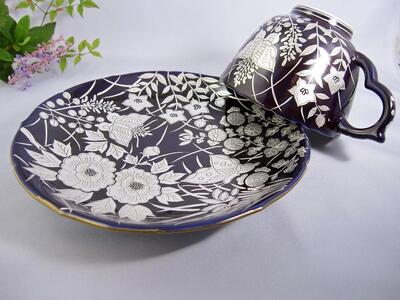 【京陶きよみず】清水焼 紫地銀彩花蝶紋珈琲碗皿 カップ＆ソーサーセット