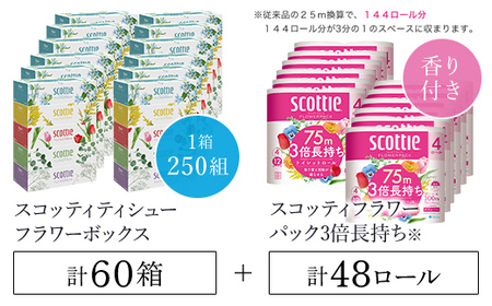 【ボックスティッシュ60箱＋トイレットロール48ロール セット】スコッティティシューフラワーボックス250組60箱(1ケース5箱×12パック) と スコッティフラワーパック3倍長持ち4ロール（ダブル）×12パック/  日用品 ティッシュ トイレットペーパー セット 消耗品 備蓄 防災 大容量 大人気 おすすめ 肌触り 日本製 たっぷり 防災用品 防災  国産 クレシア 