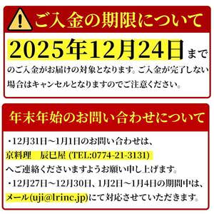茶の香り漂う和風おせち二段重～2人前～ (自家製抹茶チーズケーキ1折付き) 特産品 おせち おせち料理 和風 予約 盛り付け済み 冷蔵 迎春 新春 お取り寄せ 先行予約 年内発送 【uj-CN001-A】【京料理　辰巳屋】