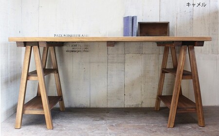 【キャメル】アンティーク風 無垢材 ソーホースデスク【ステップ脚】＜Dea-Sirio＞デスク