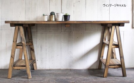 【ヴィンテージキャメル】アンティーク風 無垢材 ソーホースデスク【ステップ脚】＜Dea-Sirio＞デスク
