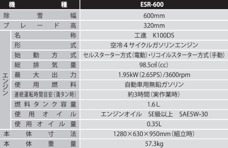 エンジン式除雪機 ESR-600 一般家庭・個人事業者様向け 簡単、らくらく除雪作業！押すタイプのエンジン式除雪機 [0500]