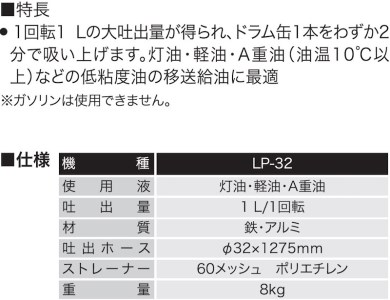 大容量手回しドラムポンプ LP-32 口径32ミリ ハイリッターポンプ [0927]