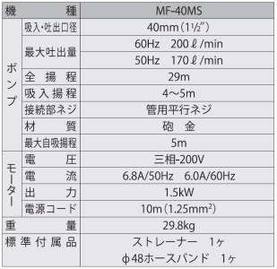 海水用モーターポンプ MF-40MS ラバレックスポンプ 口径40ミリ 三相200V [0862]
