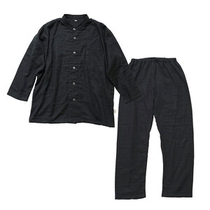 moun　3重ガーゼ　メンズパジャマ　綿100%　日本製　Mサイズ（ネイビー、ブラック） ブラック