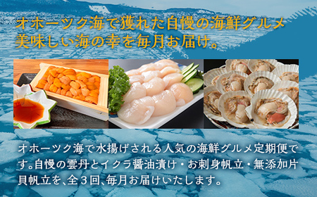 【毎月定期便】網走厳選の海鮮グルメ定期便(バフン雲丹とイクラ醤油漬け・刺身帆立・片貝ホタテ)全3回 ABAO093