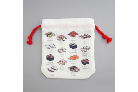 丹後ちりめん　にほんご巾着「sushi（寿司）」 サイズ：約13.5cm×17.5cm
