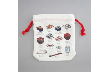 丹後ちりめん　にほんご巾着「sushi（寿司）」 サイズ：約13.5cm×17.5cm