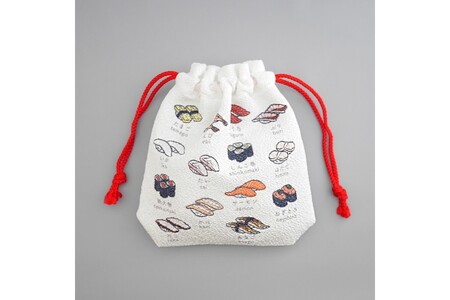 丹後ちりめん　にほんご巾着「sushi（寿司）」 サイズ：約13.5cm×17.5cm