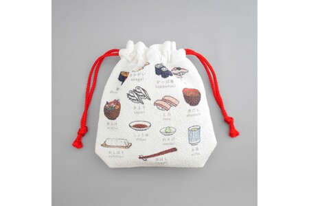 丹後ちりめん　にほんご巾着「sushi（寿司）」 サイズ：約13.5cm×17.5cm